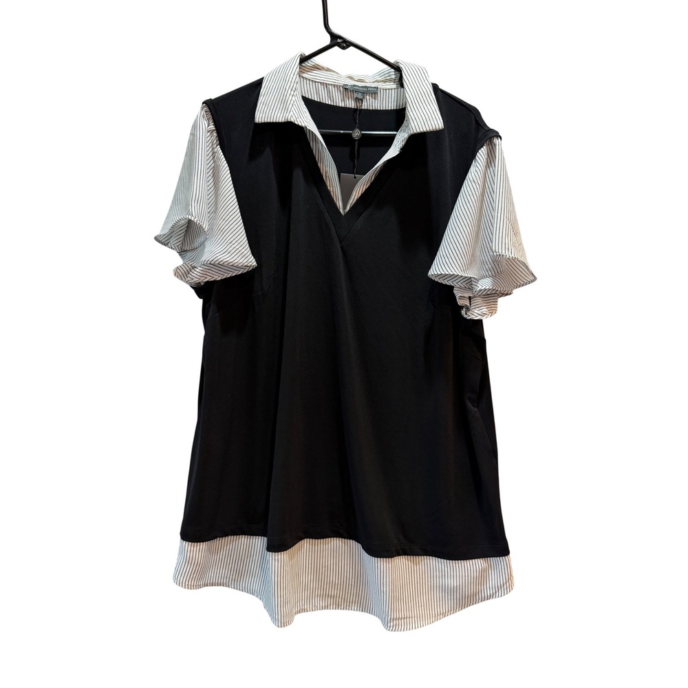 Adrianna Papell Knit Vest Twofer Striped Shirt Top Black White Plus 3X NEW